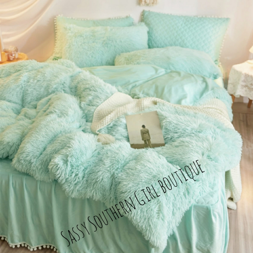 🆕⭐Mint green Aqua shaggy duvet cover set